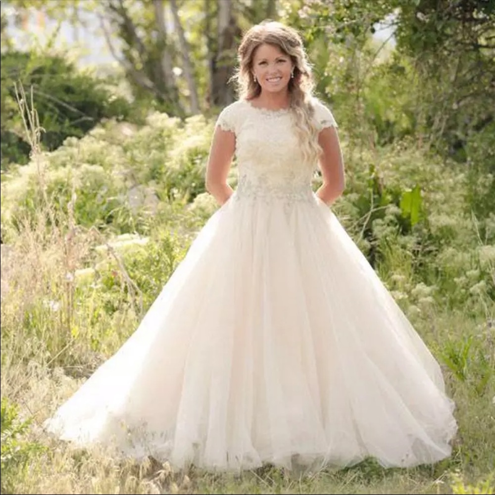 Lace Tulle Ball Gown Modest Wedding Dress Sleeves